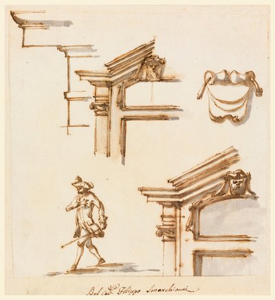 Rysunek, detale architektoniczne i studium postaci, 1760-75 autorstwa Filippo Marchionni