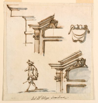 Rysunek, detale architektoniczne i studium postaci, 1760-75 autorstwa Filippo Marchionni