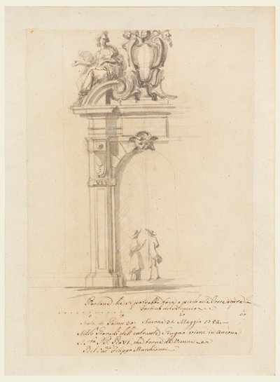 Rysunek, projekt bramy na przyjęcie papieża Piusa VI powracającego z Niemiec w Ankonie, maj 1782 r. autorstwa Filippo Marchionni