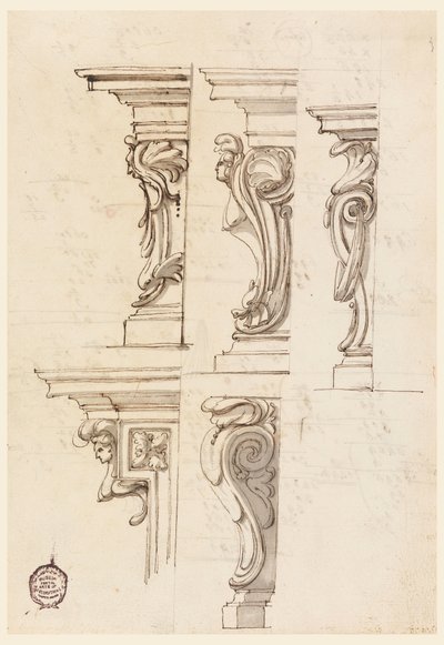 Rysunek, Pięć motywów narożnych, ok. 1750 r. autorstwa Filippo Marchionni