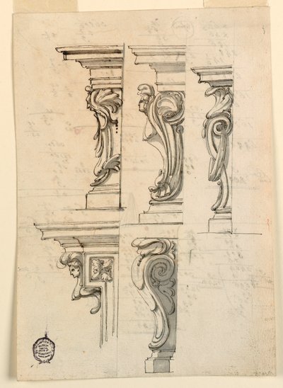 Rysunek, Pięć motywów narożnych, ok. 1750 r. autorstwa Filippo Marchionni