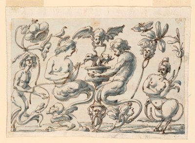 Rysunek, Groteska na podłużny panel, 1730-50 autorstwa Filippo Marchionni