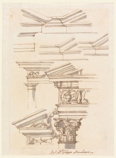 Rysunek, studia nad belkowaniem i frontonem, ok. 1770 r. autorstwa Filippo Marchionni