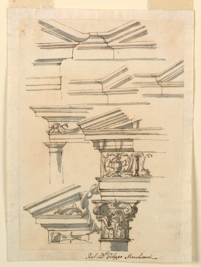 Rysunek, studia nad belkowaniem i frontonem, ok. 1770 r. autorstwa Filippo Marchionni