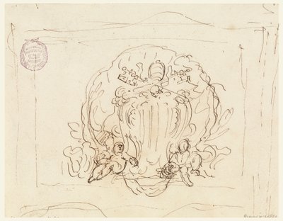 Rysunek, tablica z herbem papieża Benedykta XIV na tle muszli, 1740-58 autorstwa Filippo Marchionni