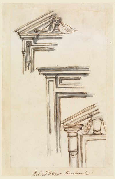 Rysunek, trzy skrzynki okienne lub drzwiowe, ok. 1770 r. autorstwa Filippo Marchionni