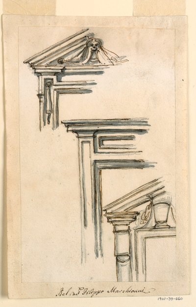 Rysunek, trzy skrzynki okienne lub drzwiowe, ok. 1770 r. autorstwa Filippo Marchionni