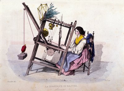 Mała firma z królestwa Neapolu: młoda kobieta z Sorrento tkająca wstążki. Rycina według obrazu F. Palizzy. Z dzieła Francesco de Bourcarda „” Costumi del regno di Napoli”” autorstwa Filippo Palizzi