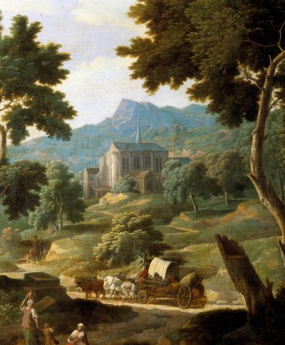 Pejzaż z kościołem Fragment obrazu Filippo Verali (Veralli lub Veraldi) (XVII w.) Muzeum Sztuk Pięknych w Orleanie autorstwa Filippo Verali