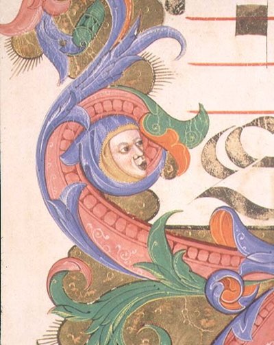 Mszał 515 f.156r Zoomorficzne liście z zamaskowaną głową, fragment ozdobnej bordiury z Księgi Chóralnej wykonane przed 1449 r. autorstwa Filippo di Matteo Torelli