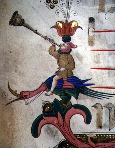 Mszał 515 f.9r Figura dmuchająca w róg, osadzona na zaprzęgniętym ptaku, fragment ozdobnej bordiury z Księgi Chóralnej wykonanej przed 1449 r. (detal z 88907) autorstwa Filippo di Matteo Torelli