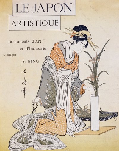 Kobieta układająca kwiaty w wazonie, okładka Firmin Gillot (1819-1872), Le Japon Artistique (sztuka japońska), dokumenty sztuki i przemysłu zebrane przez Siegfrieda Binga (1838-1905), miesięcznik lipiec 1889, Francja autorstwa Firmin Gillot
