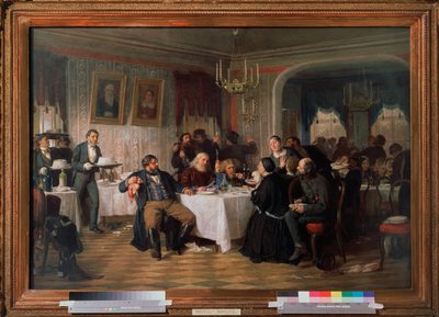 Bankiet pogrzebowy kupca - Obraz Firs Sergeevich Zhuraviev (1836-1901), olej na płótnie, ok. 1870, sztuka rosyjska XIX wiek - Państwowa Galeria Trietiakowska, Moskwa autorstwa Firs Sergeevich Zhuravlev