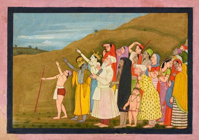 Kryszna i jego rodzina podziwiają zaćmienie słońca, być może stronę z „Kangra/Modi” <em>Bhagavata Purana</em> autorstwa First generation after Nainsukh