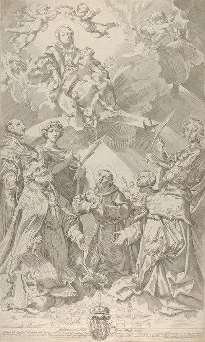 Patronki Bolonii spoglądają w górę na Dziewicę siedzącą w obłokach z..., 1640-50. autorstwa Flaminio Torre
