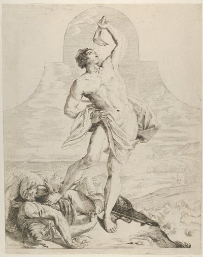Samson trzymający żuchwę osła nad głową i stojący obok Philis..., ca. 1640-60. autorstwa Flaminio Torre