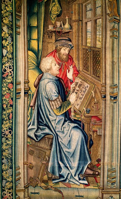 Skryba piszący relację, fragment z Transportu Arki Przymierza, z Gobelinu Dawida i Batszeby, ok. 1510-15 autorstwa Flemish School