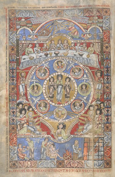 Dodać. 17738, f.3v Egzegeza początkowych wersetów Księgi Hioba, ilustracja z „Biblii Floreffe”, Dolina Mozy, ok.1155 (tusz, kolor i złoto na welinie) autorstwa Flemish School