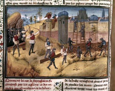 KRUCJATY: "Krzyżowcy wspinający się na mury Jerozolimy". Z "Histoire des Cr... autorstwa Flemish School