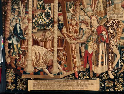Katedra (Seo. Katedra Zbawiciela Saragossy). Muzeum Gobelinów. Flamandzki gobelin. Legenda o Świętym Krzyżu (Legenda o Świętym Krzyżu, o legendzie o Świętym Krzyżu). Szczegół. Około. 1450. 430x1120cm. autorstwa Flemish School