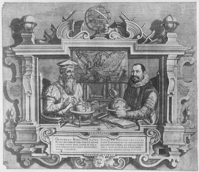 Podwójny portret Gerarda Mercatora (1512-94) i Jodocusa Hondiusa (1563-1612) wyryty w celu włączenia do serii atlasów Mercator i Hondius, 1619 (patrz także 10457 i 30866 autorstwa Flemish School
