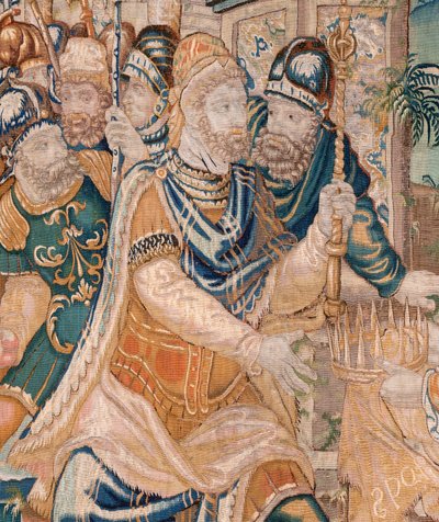Flamandzki gobelin. Aleksander otrzymuje koronę (Aleksander otrzymuje koronę). Atelier Oudenaarde. 384x316cm. Inw (83024)-5 / 00009. XVII wiek. autorstwa Flemish School