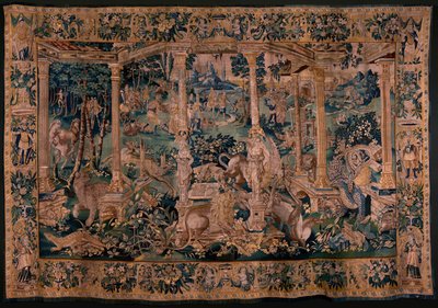 Flamandzki gobelin. Krajobraz z pergolą i dużymi zwierzętami. Wersja z obszerną pergolą. Atelier Oudenaarde. 340x498cm. Inw 00023. XVII wiek. autorstwa Flemish School