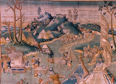 Flamandzki gobelin. Obóz wojskowy w pobliżu rzeki Granikos. Atelier Oudenaarde. 377x393cm. Inw 83104-9 /00011. XVII wiek. autorstwa Flemish School
