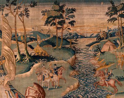 Flamandzki gobelin. Obóz wojskowy w pobliżu rzeki Granikos. Atelier Oudenaarde. 377x393cm. Inw 83104-9 /00011. XVII wiek. autorstwa Flemish School