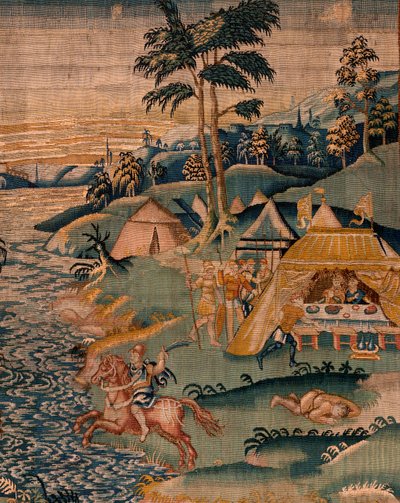Flamandzki gobelin. Obóz wojskowy w pobliżu rzeki Granikos. Atelier Oudenaarde. 377x393cm. Inw 83104-9 /00011. XVII wiek. autorstwa Flemish School
