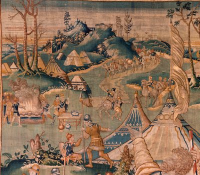 Flamandzki gobelin. Obóz wojskowy w pobliżu rzeki Granikos. Atelier Oudenaarde. 377x393cm. Inw 83104-9 /00011. XVII wiek. autorstwa Flemish School