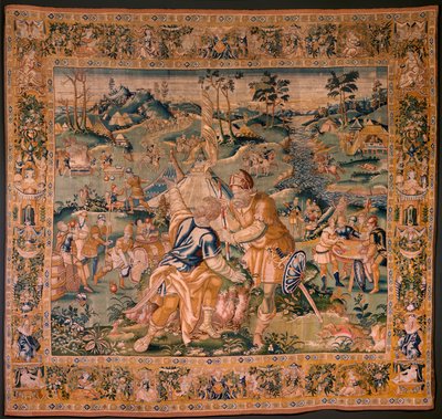 Flamandzki gobelin. Obóz wojskowy w pobliżu rzeki Granikos. Atelier Oudenaarde. 377x393cm. Inw 83104-9 /00011. XVII wiek. autorstwa Flemish School
