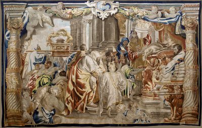 Flamandzki gobelin. Seria Apoteoza Eucharystii. Ofiara Prawa Mojżeszowego (Sacrificio de la Ley Mosaica). Model Cartoon skopiowany z oryginału przez Rubensa. Produkcja brukselska. Producent Frans van den Hecke. Połowa XVII wieku. Tkanina Jedwab i wełna, autorstwa Flemish School