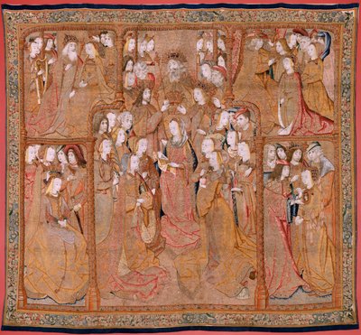 Flamandzki gobelin. Seria Nabożeństwo do Matki Bożej czyli Złote płótna. Koronacja Dziewicy (La Coronación de la Virgen). Czwarty gobelin w serii. Rysownik modelowy z kręgu Colyna de Cotera. Manufaktura Pieter van Aelst, Bruksela. Około 1500-15 autorstwa Flemish School