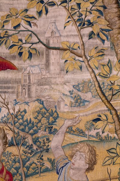 Flamandzki gobelin. Seria Bajka Owidiusza: Grabież Ganimedesa. Atelier Willem de Pannemaker, Bruksela. Przed 1556. Szczegóły. autorstwa Flemish School