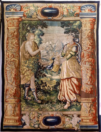 Flamandzki gobelin. Seria galanteria (Galante). Scena szarmancka (Escena galante). Manufaktura Bruksela, początek XVII wieku. Tkanina Jedwab i wełna, 5/6 osnów na cm. Rozmiar 348 x 263 cm. Lokalizacja Kościół San Millán de la Cogolla, Oncala (Soria). Pocho autorstwa Flemish School