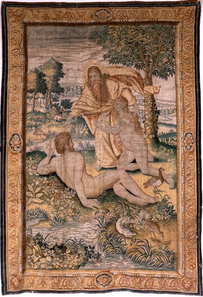 Flamandzki gobelin. Seria Genesis lub The Creation Man. Bóg stwarza kobietę i przedstawia ją Adamowi (Dios crea a la mujer y la presenta a Adán). Model oparty na Michielu Coxcie. Fabryka Jan Aerst w Brukseli. Około 1630. Tkanina Jedwab i wełna. autorstwa Flemish School