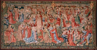 Flamandzki gobelin. Seria Ludzkie odkupienie lub występki i cnoty. Chrystus wstępuje do nieba, a człowiek zostaje odkupiony przed Bogiem (Cristo asciende al Cielo y el Hombre se redime ante Dios). Dziewiąty gobelin z serii (czwarty z tych przechowywanych w autorstwa Flemish School