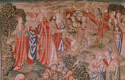 Flamandzki gobelin. Seria Odkupienie człowieka lub wad i cnót. Zmartwychwstanie Chrystusa (Resurrección de Cristo). Ósmy z serii gobelin (pierwszy z zachowanych w Burgos). Produkcja Bruksela. Ca 1510. Tkanina Jedwab i wełna, 7 osnów na cm. autorstwa Flemish School