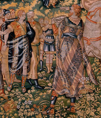 Flamandzki gobelin. Seria Historia Cyrusa. Żaden II Astyages nie rozpoznaje Cyrusa (Ciro reconocido por Astiages). Anonimowy, na podstawie Michiela Coxcie. Atelier Antwerpia. Jedwab i wełna. ok. 1590 r. autorstwa Flemish School