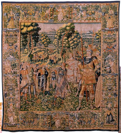 Flamandzki gobelin. Seria Historia Cyrusa. Żaden II Astyages nie rozpoznaje Cyrusa (Ciro reconocido por Astiages). Anonimowy, na podstawie Michiela Coxcie. Atelier Antwerpia. Jedwab i wełna. ok. 1590 r. autorstwa Flemish School