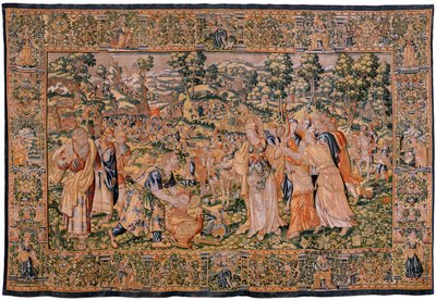Flamandzki gobelin. Seria Historia Cyrusa. Nr VI Tomyris nakazuje zanurzenie głowy Cyrusa w naczyniu z krwią (Tomiris manda sumergir la cabeza de Ciro en un receivere leno de sangre). Anonimowy, na podstawie Michiela Coxcie. Atelier Antwerpia. Jedwab i woo autorstwa Flemish School