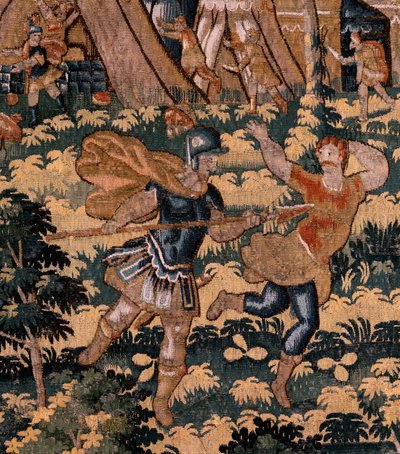 Flamandzki gobelin. Seria Historia Cyrusa. No V Walka dwóch wojowników i śmierć Cyrusa (Combate de dos guerreros y muerte de Ciro). Anonimowy, na podstawie Michiela Coxcie. Atelier Antwerpia. Jedwab i wełna. ok. 1590 r. autorstwa Flemish School