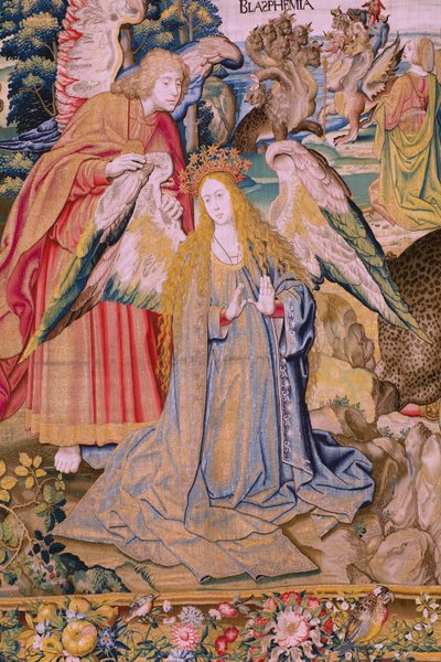 Flamandzki gobelin. Seria Apokalipsa: Święty Michał pokonujący smoka. Atelier Willem Dermoyen, Bruksela. Około 1553-1555. Szczegół. autorstwa Flemish School