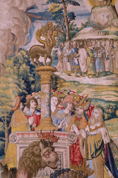 Flamandzki gobelin. Seria Apokalipsa: Święty Michał pokonujący smoka. Atelier Willem Dermoyen, Bruksela. Około 1553-1555. Szczegół. autorstwa Flemish School