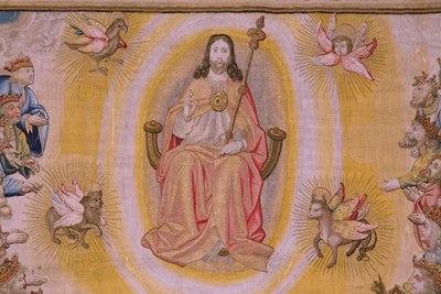 Flamandzki gobelin. Seria Apokalipsa: Święty Michał pokonujący smoka. Atelier Willem Dermoyen, Bruksela. Około 1553-1555. Szczegół. autorstwa Flemish School