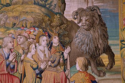 Flamandzki gobelin. Seria Apokalipsa: Święty Michał pokonujący smoka. Atelier Willem Dermoyen, Bruksela. Około 1553-1555. Szczegół. autorstwa Flemish School