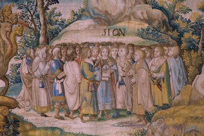 Flamandzki gobelin. Seria Apokalipsa: Święty Michał pokonujący smoka. Atelier Willem Dermoyen, Bruksela. Około 1553-1555. Szczegół. autorstwa Flemish School