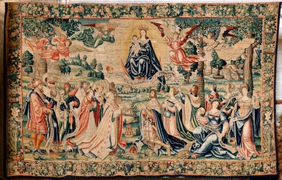 Flamandzki gobelin. Seria Grad. Uratuj Reginę. Warsztaty manufaktury w Brukseli, możliwa manufaktura Marca Crétif. Około 1528. Rozmiar 412 x 652 cm. Tkanina Jedwab i wełna. Lokalizacja Katedra w Palencii. Pochodzenie Zapis biskupa Fonseca w 1529 r. Na disp autorstwa Flemish School