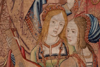 Flamandzki gobelin. Seria Historia Dawida i Batszeby. Prorok Natan upomina króla Dawida (El profeta Natán reprende a David). Trzeci panel serii. Model Anonimowy. Producent nieznany, Bruksela. 1505. Tkanina Złoto, jedwab i wełna. autorstwa Flemish School